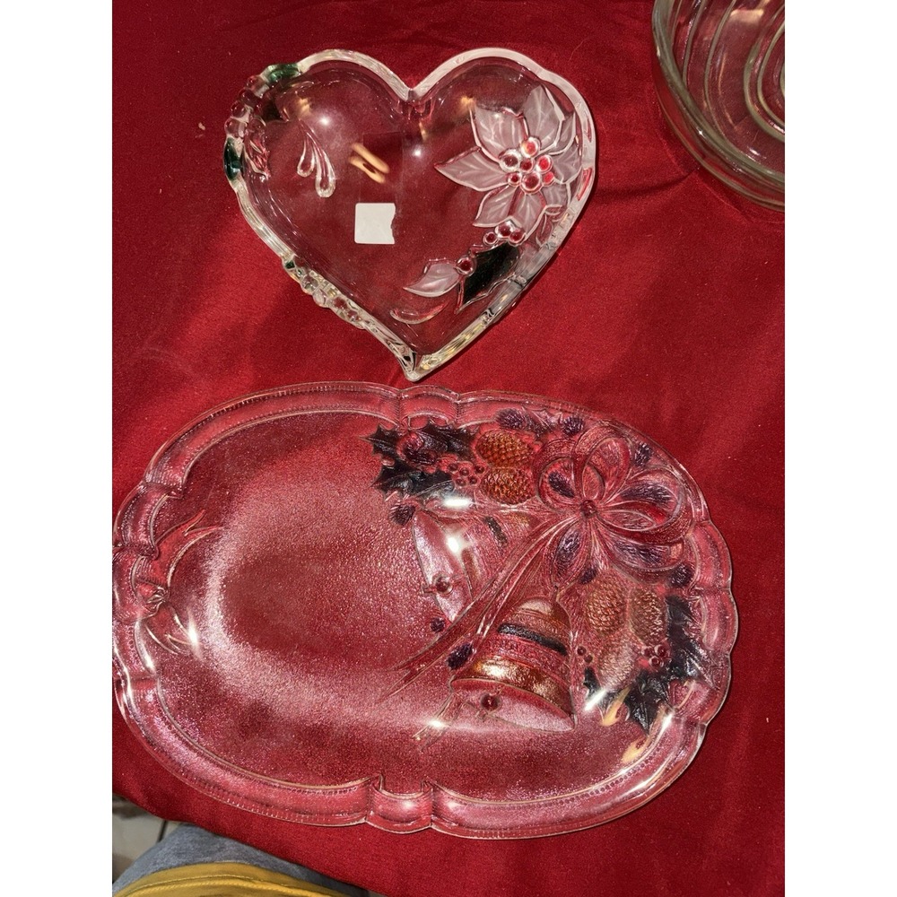 Mikasa Christmas Glass Dish Set Heart Poinsettia & Oval Bells Serving Platter
